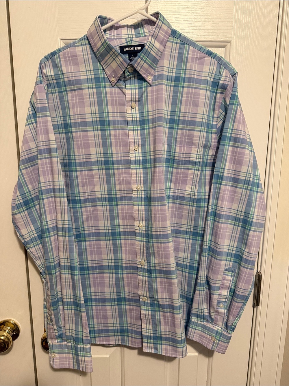 Lands' End Men's Pastel Plaid Button-Down Shirt in Lavender and Teal